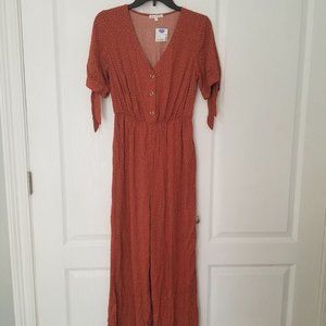 NWT Haven Hearts Jumpsuit Size Medium Rust White Polka Dot Tie Sleeve Buttons